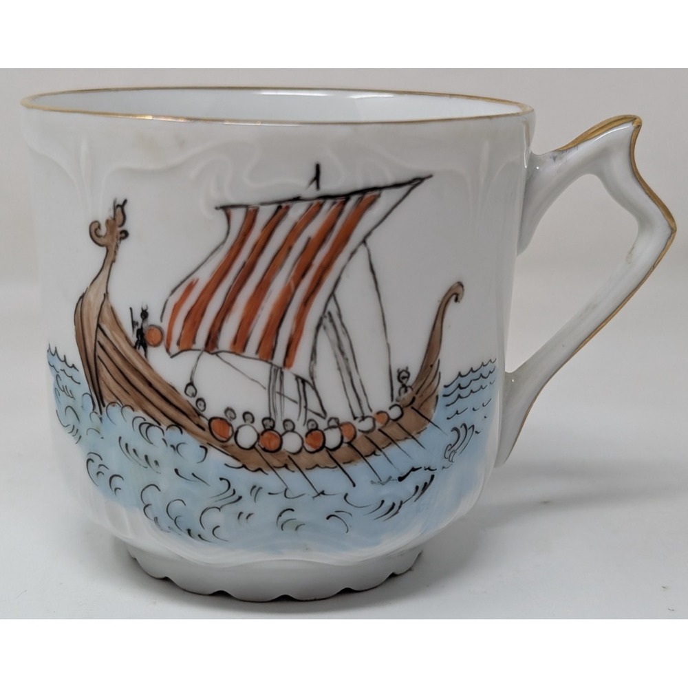 Mustache Mug Viking Norse Longship Gold Gilt‎ Trim Cup Larba Norsemen Vintage